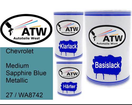 Chevrolet, Medium Sapphire Blue Metallic, 27 / WA8742: 500ml Lackdose + 500ml Klarlack + 250ml Härter - Set, von ATW Autoteile West.